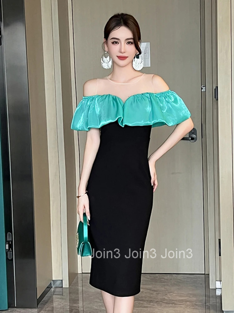 New Summer Mesh Splic O-Neck Gown Evening Dress Women Clothes Elegant Ruffle Sexy Off-Shoulder Skinny Party Club Prom Vestidos