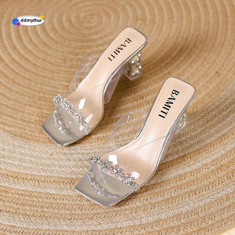 8882-7 Internet Celebrity Style Super Fairy Square Toe Rhinestone Slippers Chunky Heel High Heels Outdoor Sandals ddmythur
