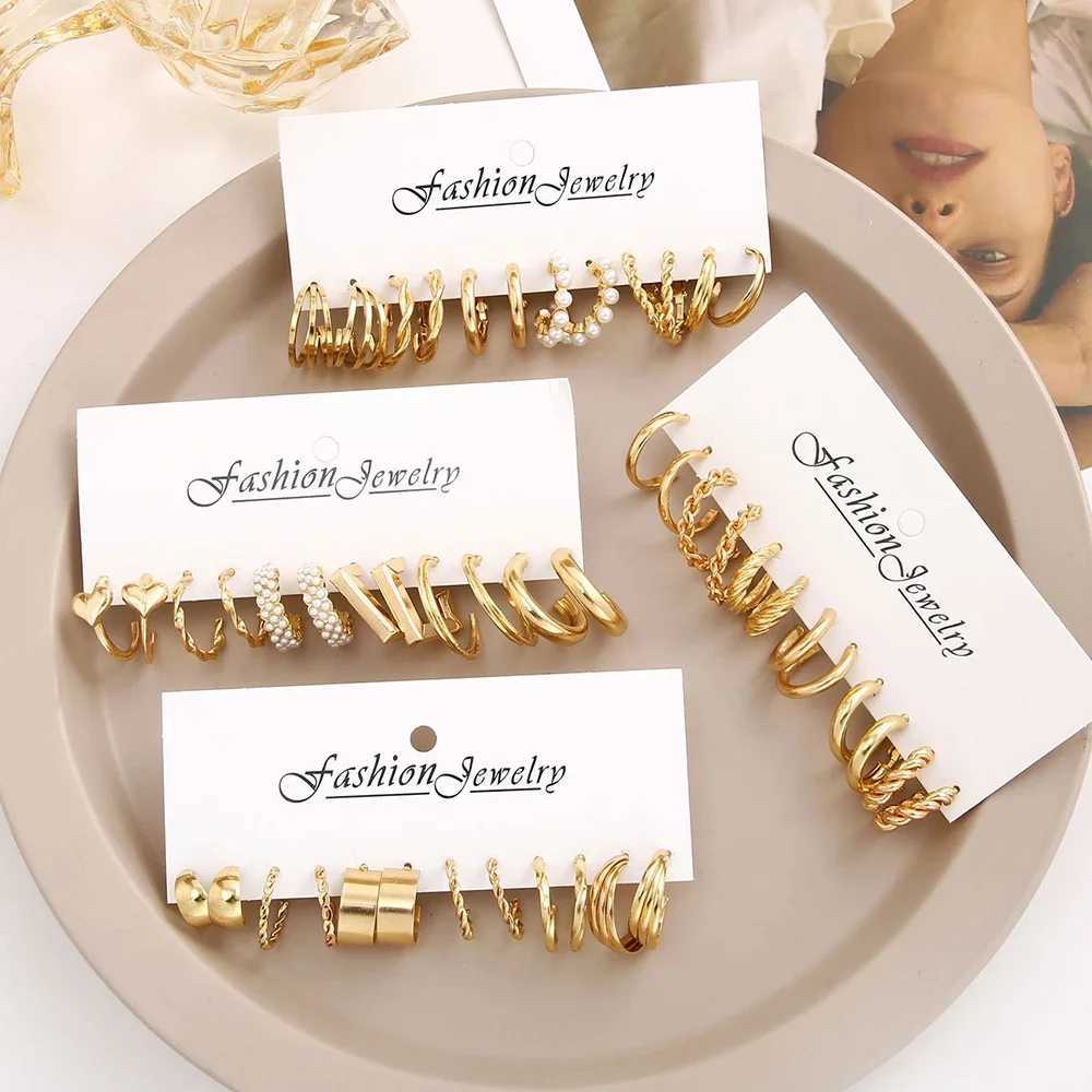 Boho Big Circle Hoop Earring Set for Women Gold Color Bohemia Vintage Pearl Earring Heart Zircon Ear Studs Jewelry Gifts XJ250623