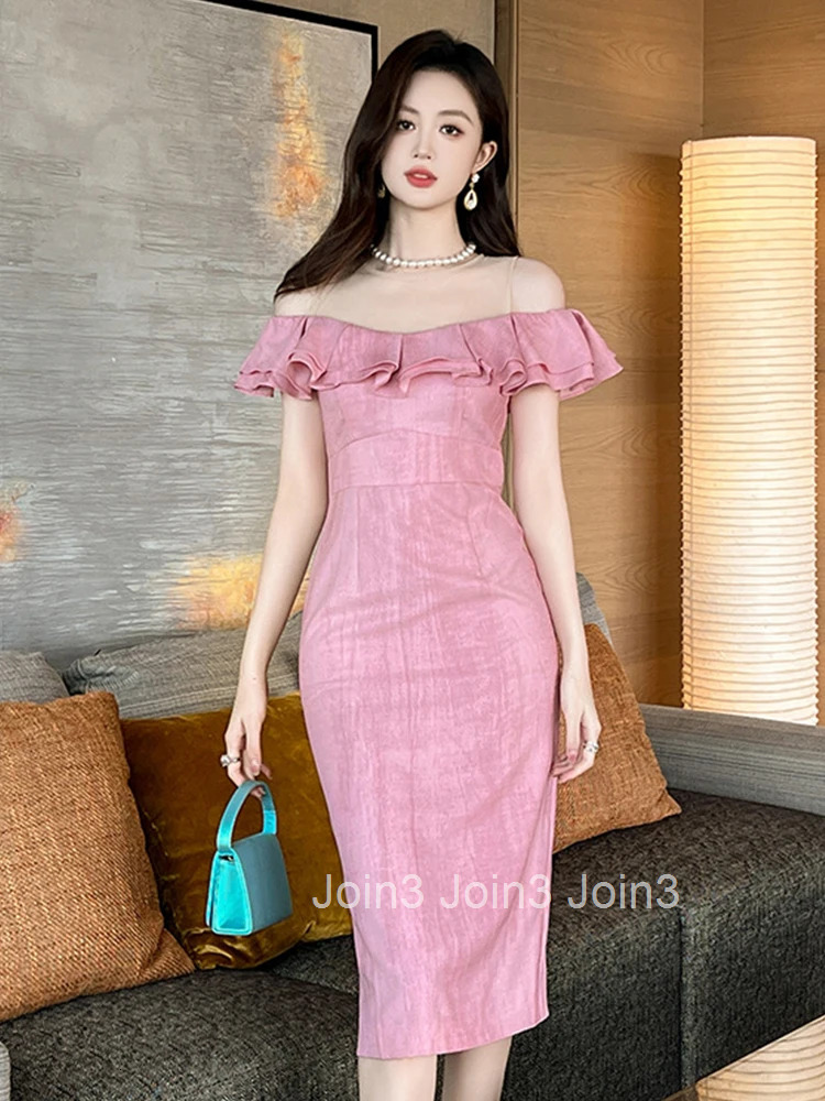 Women Clothes Sweet Formal Occasion Mesh Sheer Sexy O-Neck Ruffle Slim Midi Pencil Dress Elegant Party Prom Vestidos Casual New