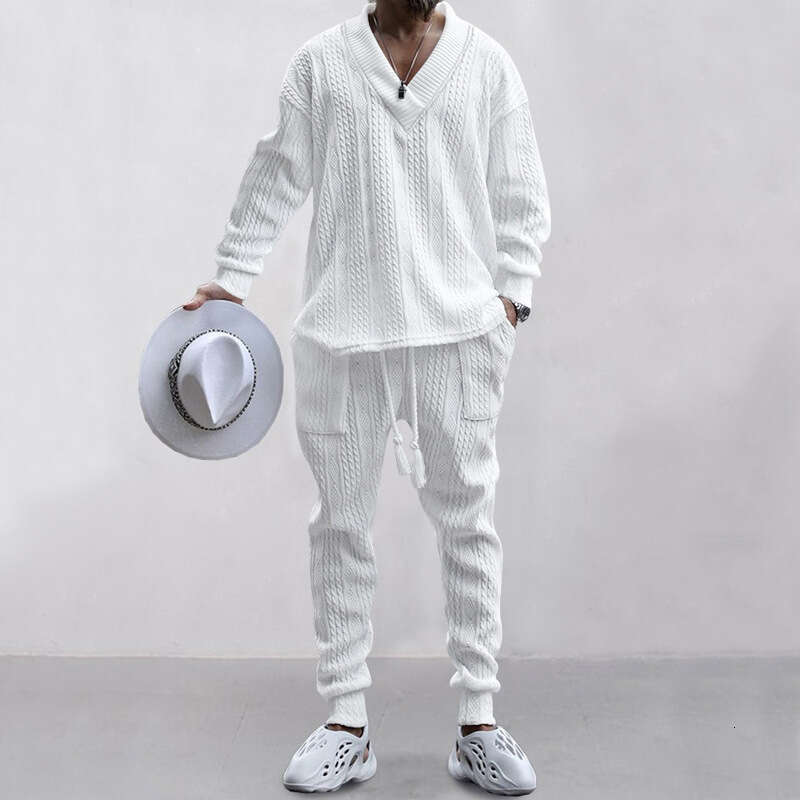 Hot-Selling Cross-Border New European and American Casual Long Pants V-Neck Versatile Jacquard Knit Sweater Men's Autumn Set