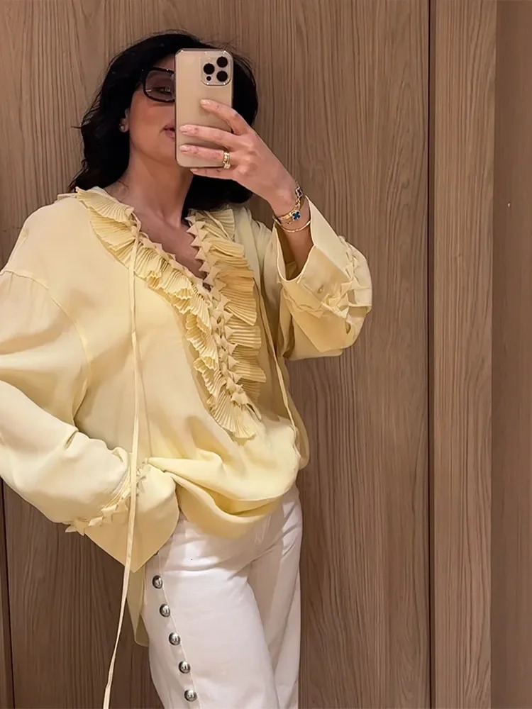 Women Butter Yellow Ruffles Skirts Sets Fashion V Neck Long Sleeve Lace Up Top Loose Long Dress 2025 Summer Holiday 2 Pcs Sets250616