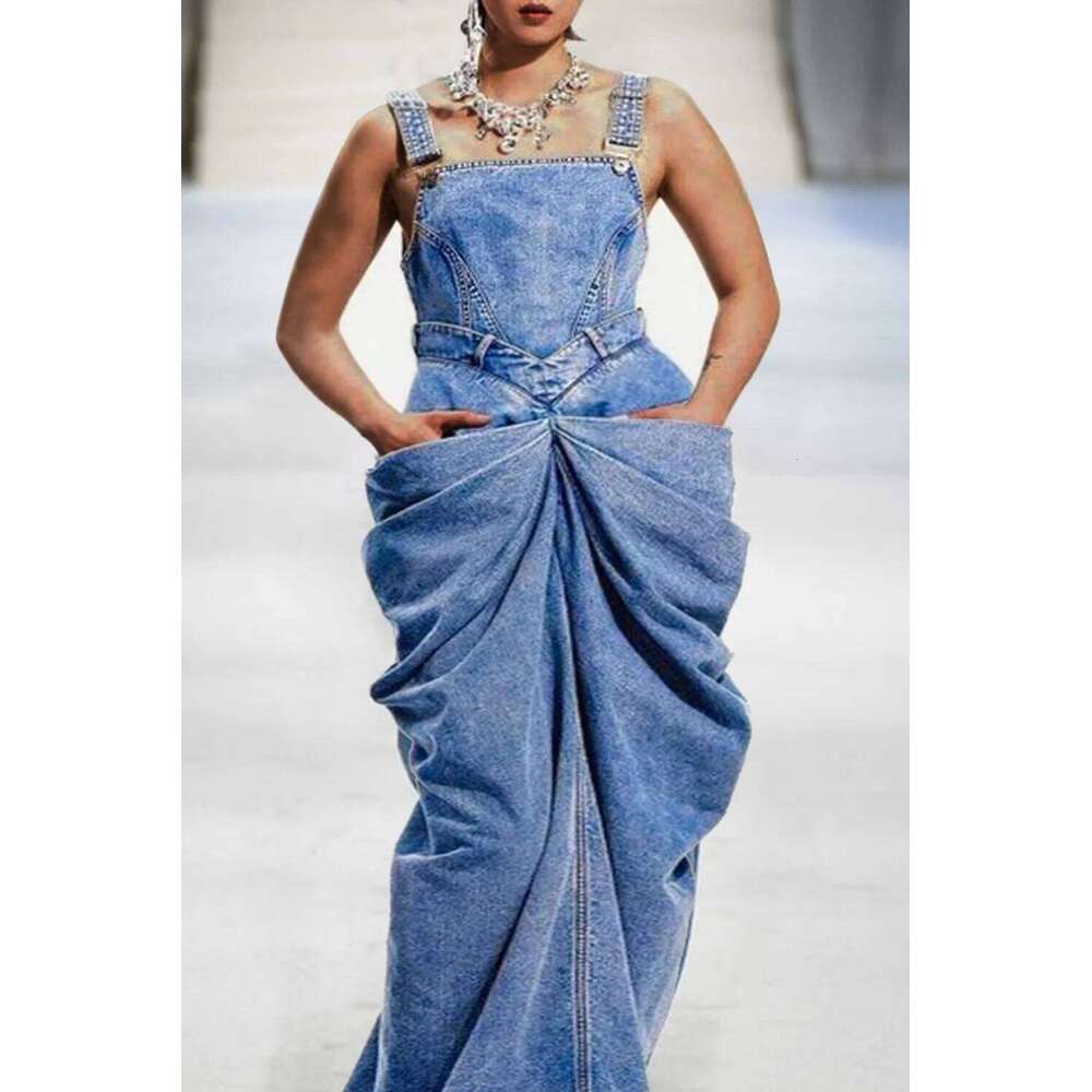 Plus Size Summer Daily Blue Bow Overalls Fold Maxi Sleeveless Denim Long Dress For Women