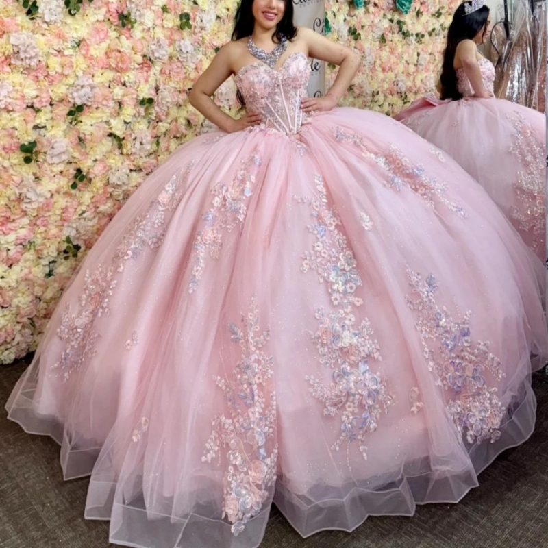 Pink Shiny Princess Sequins Ball Gown Quinceanera Dresses Lace Applique Beading Sweet 16 Dress Vestidos De 15 Anos