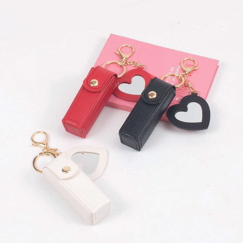 8 Colors Launched! Lipstick Storage Leather Case Keychain, Lovely Heart - Mirror Design