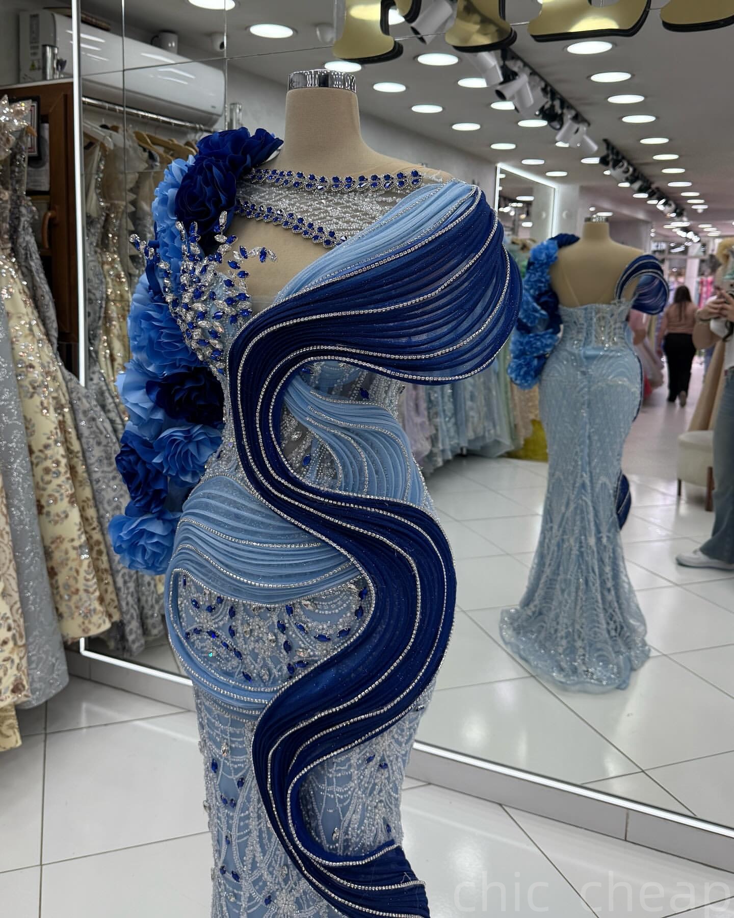 Light Sky Blue Mermaid Prom Dresses 2025 Flowers Crystals Sequined Evening Formal Party Second Birthday Engagement Gowns Plus Size Dress For Special O