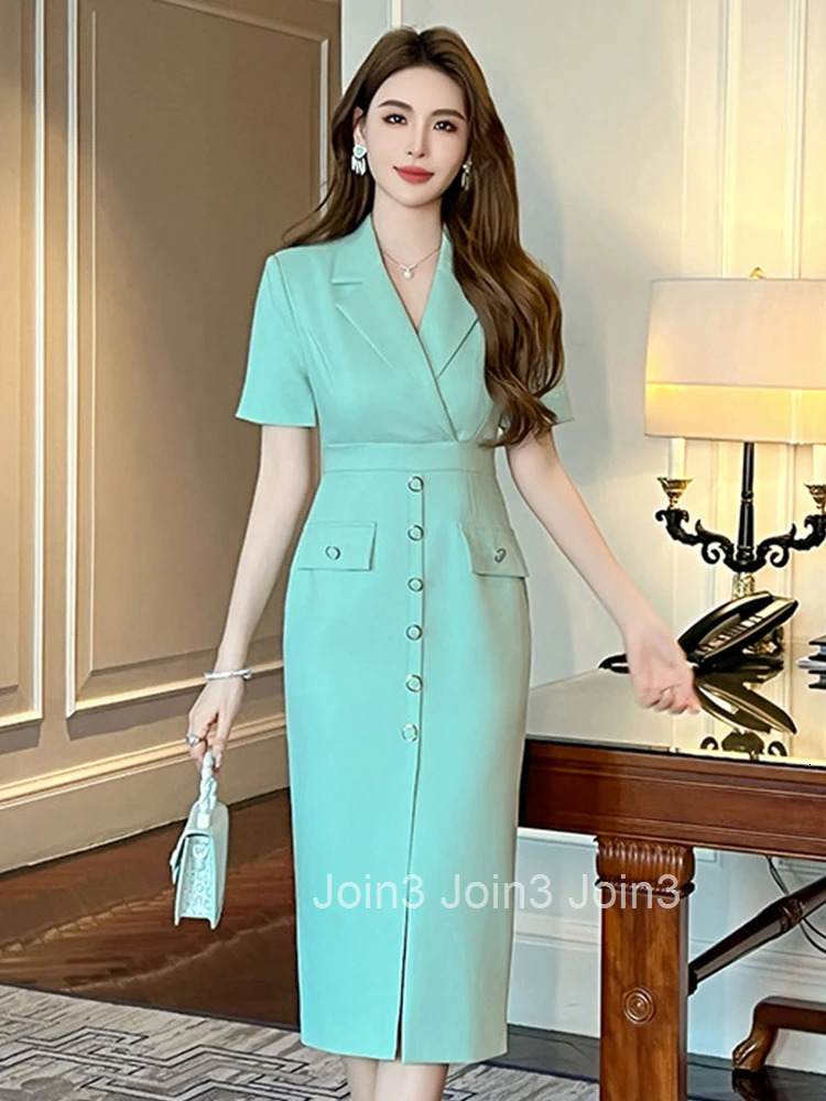 New Summer Green Business Formal Occasion Pencil Dress Women Clothes Elegant Office Classic Short Sleeve Slim Midi Party Vestido