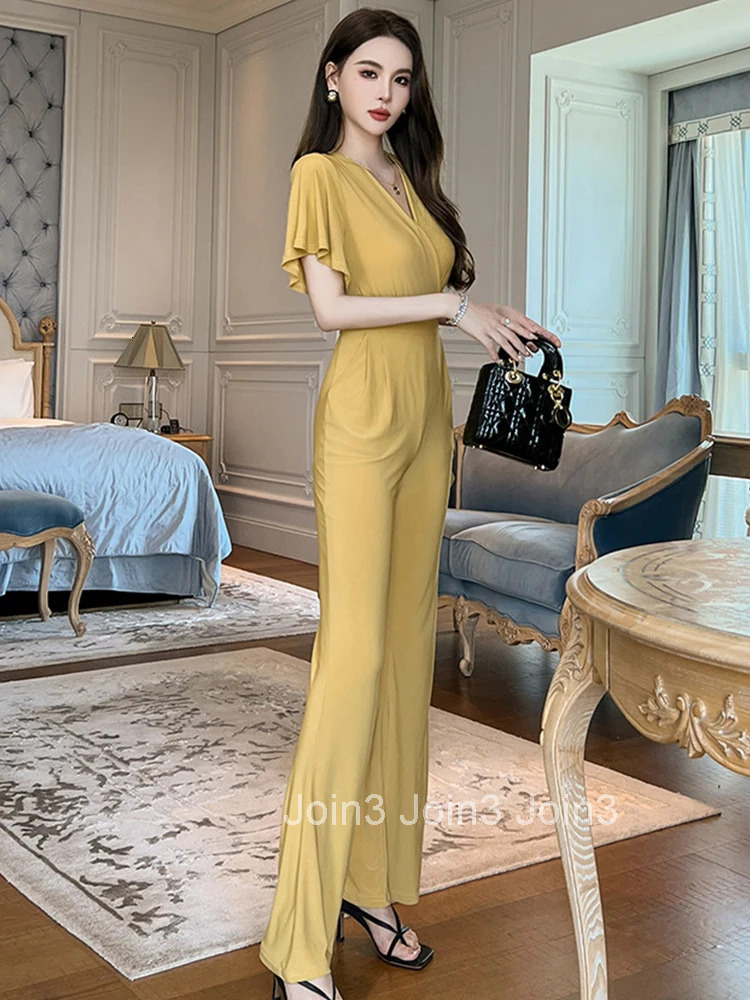 Fashion Summer One Piece Jumpsuits Women Elegant Yellow Casual Short Sleeve V-Neck Female Mujer Stretchy Wide Leg Long Rompers