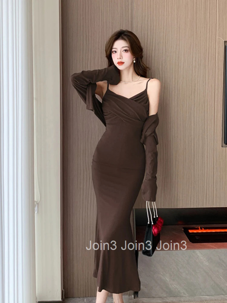 New Spring Autumn Ladies Solid 2 Piece Outfit Women Short Cardigan Tops Coat And Strap Skinny Robe Midi Dress Set Street Clothes