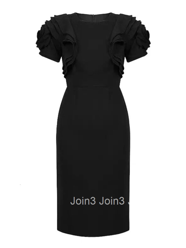 New Black Elegant Formal Occasion Pencil Dress Women Elegant Office O-Neck Ruffle Sleeve Slim Party Prom Vestidos Street Clothes