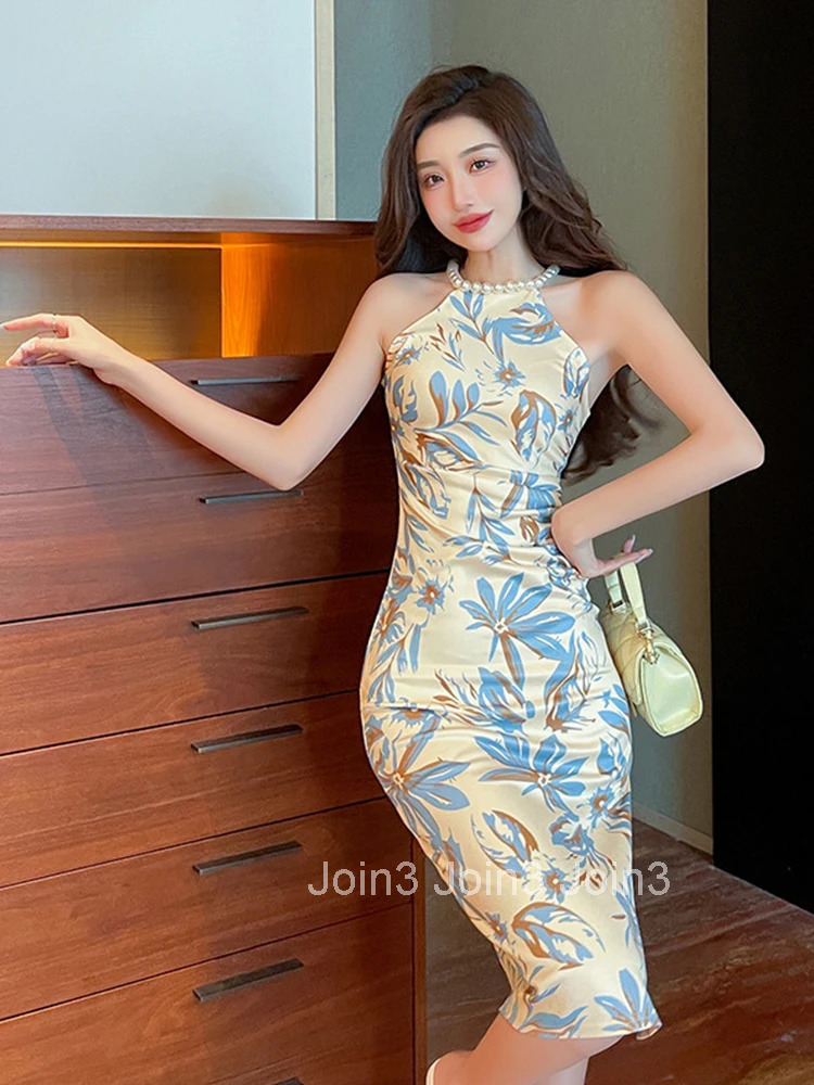 Fashion Women Evening Dress Floral Sexy Sleeveless Bodycon Folds Slit Midi Party Club Beach Stretchy Robe Femme Mujer Vestidos