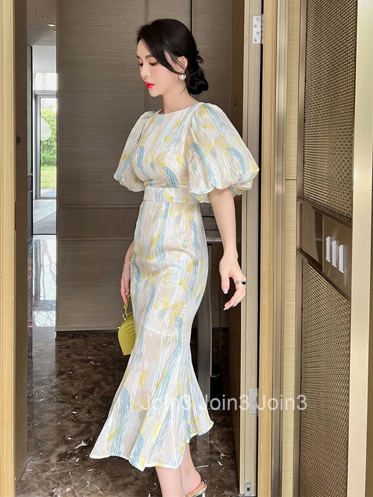 Satin Elegant Women Evening Dress Sheer Puff Sleeve Mermaid Midi Party Gown Robe Femme Ropa Mujer Verano Vestidos High Quality