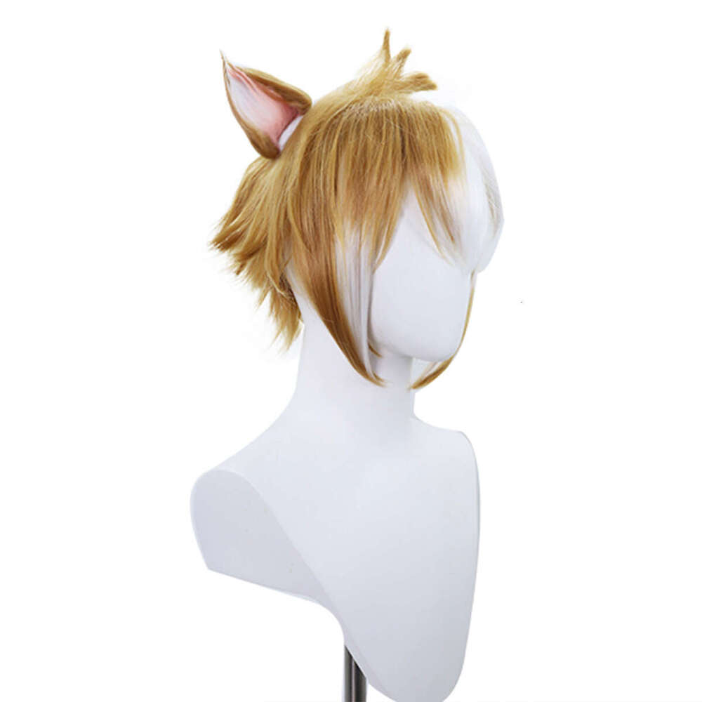Anime Genshin Impact Gorou Cosplay Brown Mixed White 3D Ears Short Hair Synthetic Wig