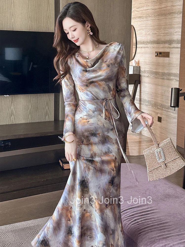 New Spring Autumn Casual Satin Print Fishtail Dress Women Clothes Elegant Lady Retro Flared Sleeve Slim Midi Robe Party Vestidos