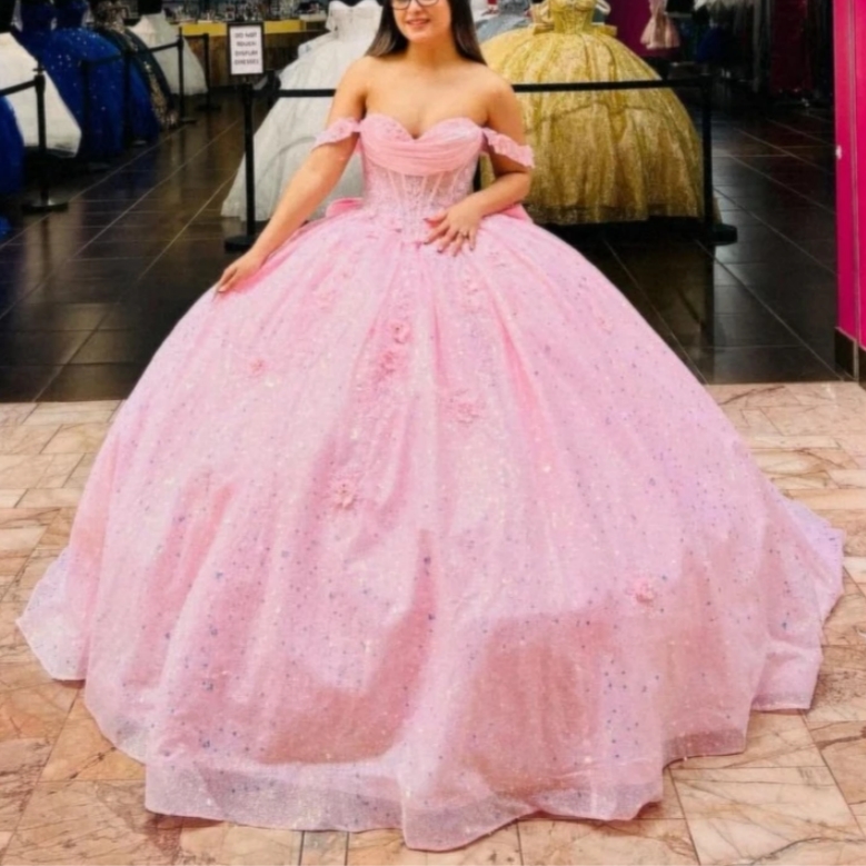 Pink Shiny Princess Ball Gown Quinceanera Dresses Floral Applique Beaded Bow Tull Sweet 16 Dress Vestidos De 15 Anos