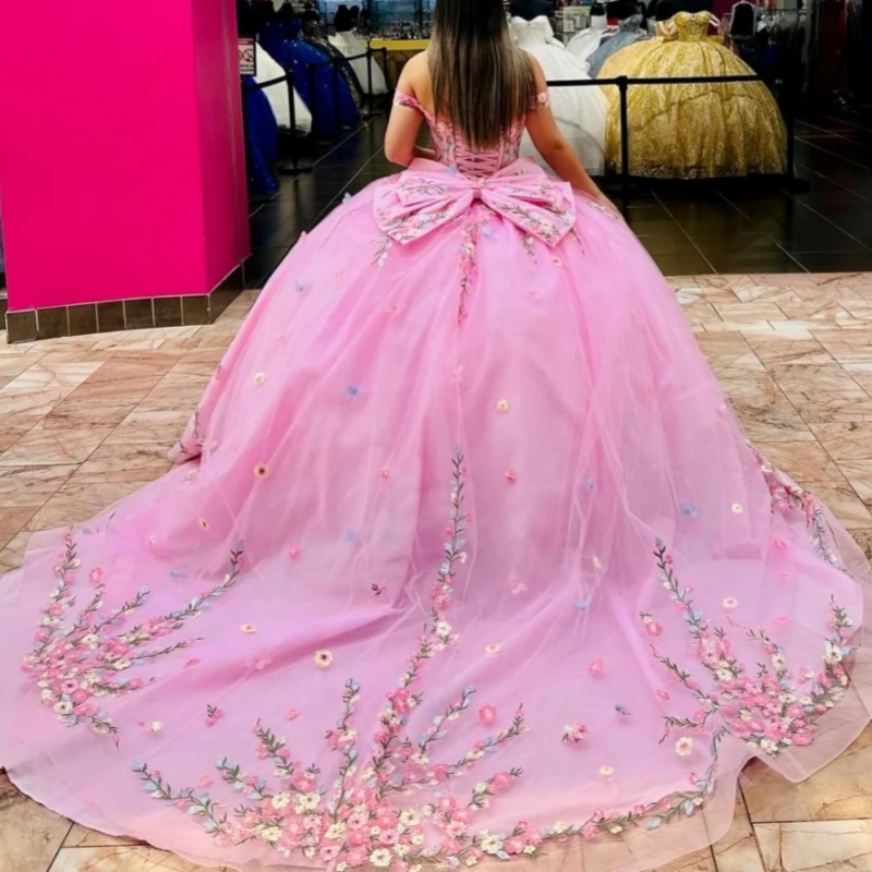 Pink Princess Ball Gown Quinceanera Dresses Colorful Floral Applique Beaded Corset Tull Sweet 16 Dress Vestidos De 15 Anos