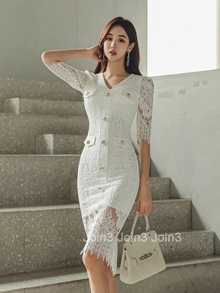 New Korean Fashion White Lace Long Pencil Dress Women Clothes Elegant Sheer V-Neck Slim Midi Party Prom Robe Femme Mujer Vestido