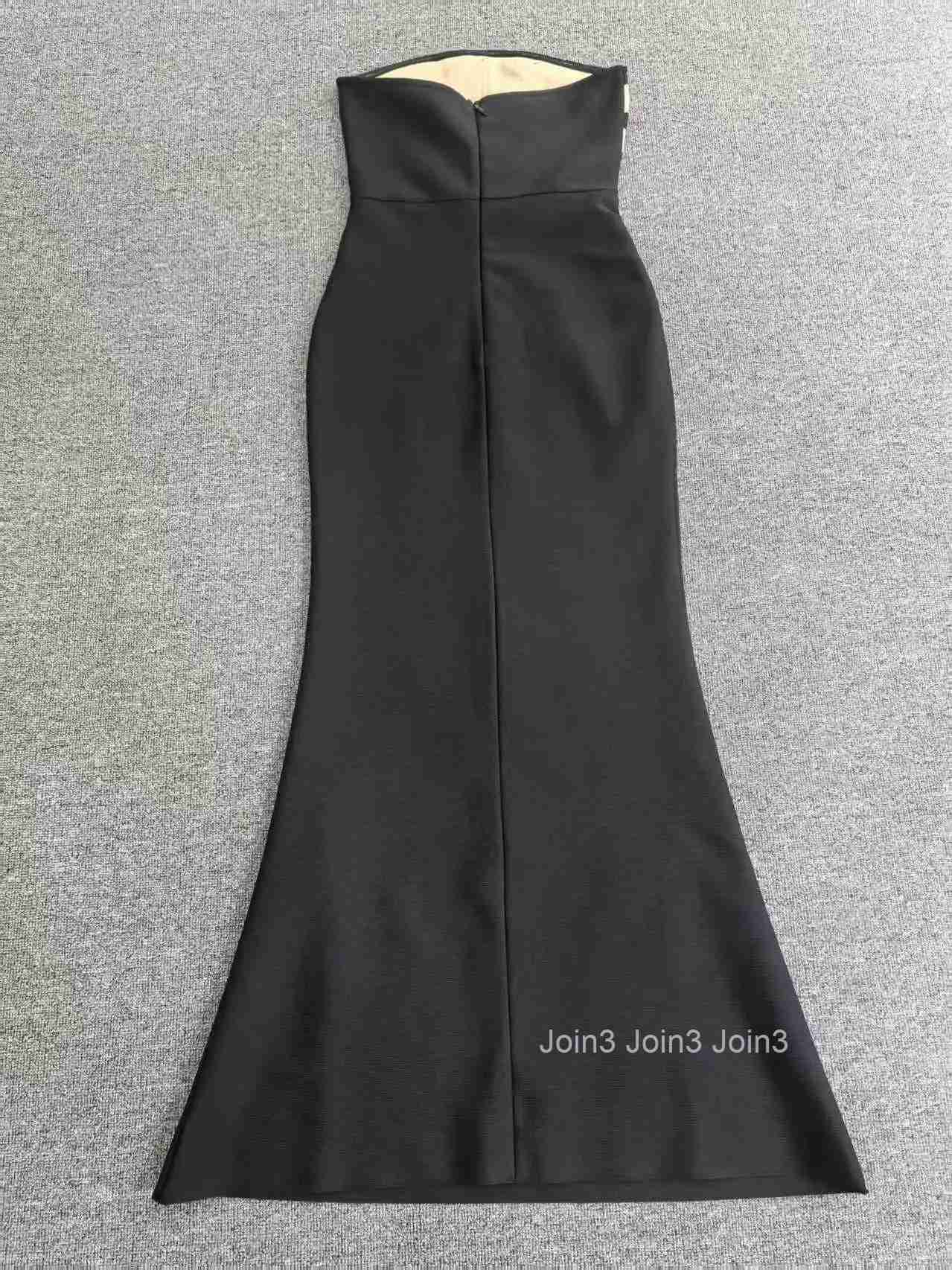Womens Black Bandage Dress Strapless Grid Lace Mermaid Gown Beaded Mesh Panels Fishtail Evening Dress Formal Attire