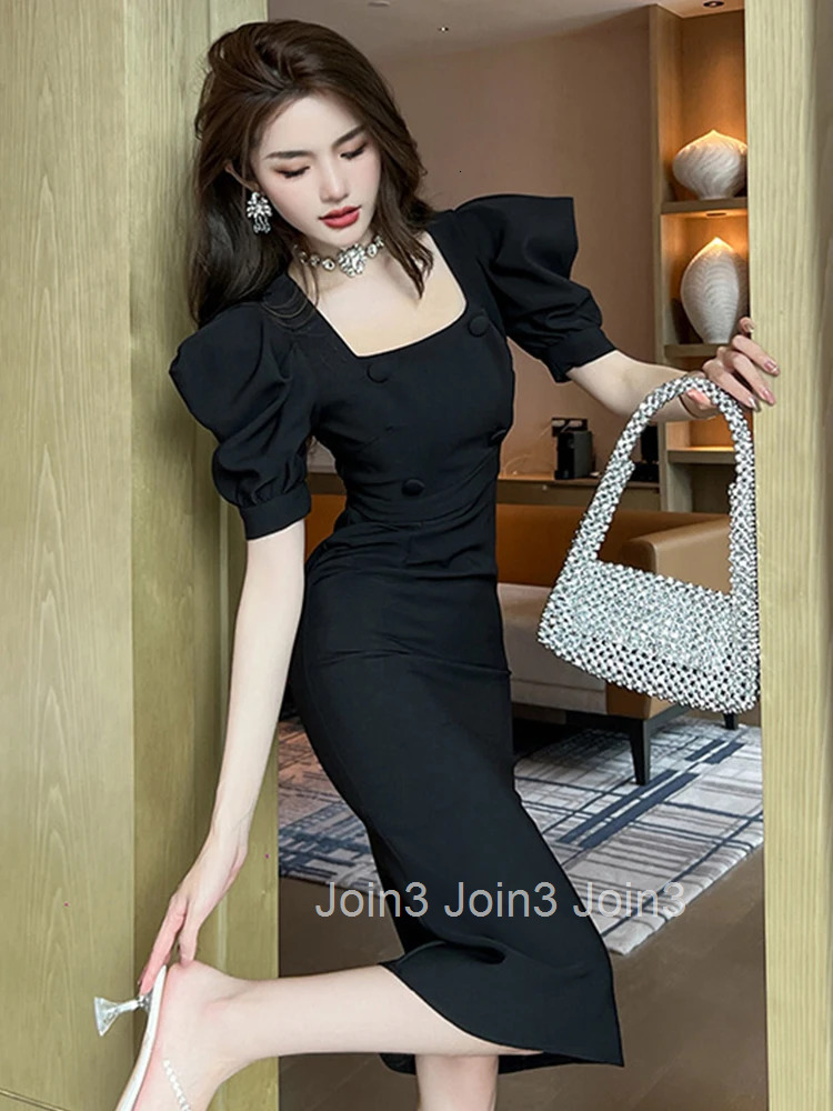 New Fashion Summer Women Evening Dress Retro Puff Sleeve Slim Midi Party Club Prom Robe Femme Mujer Vestido Fiesta Boda Invitada