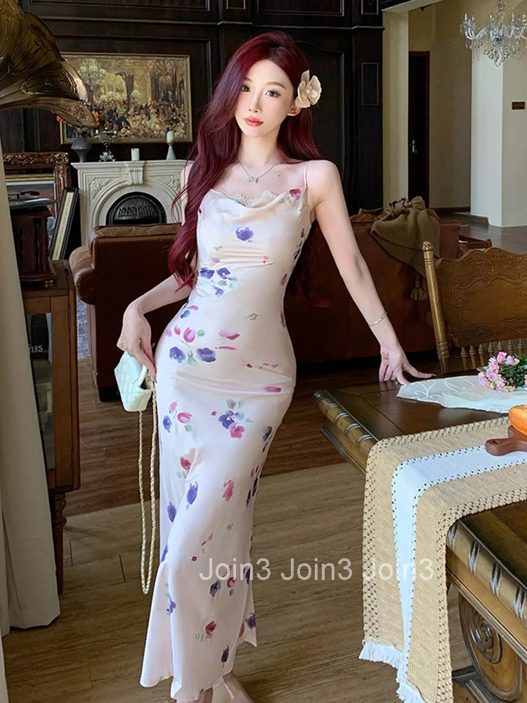 New Summer Sweet Floral Print Vacation Long Dress Women Clothes Mujer Elegant Strap Sleeveless Slim Mermaid Robe Party Vestidos