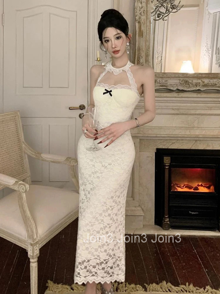 Women Clothes Sweet Lace Floral Sheer Sexy Halter Backless Slim Maxi Long Dress Elegant Ladies Fashion Party Prom Vestidos Robe