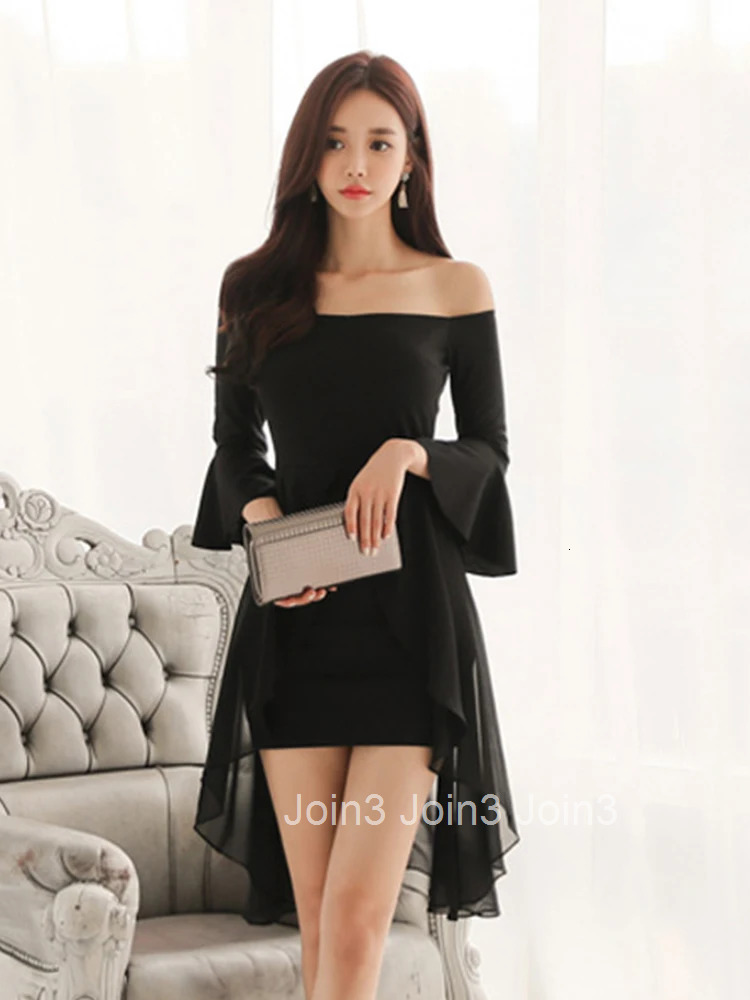 Korean Fashion Black Short Evening Dress Elegant Pretty Women Clothes Chic Sexy Off-Shoulder Slim Mini Party Prom Mujer Vestidos
