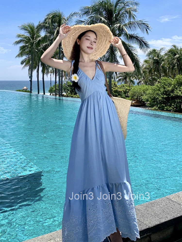 Women Vacation Clothes Blue Sweet Hollow Sexy Sling V-Neck A-Line Maxi Long Dress Elegant Fashion Party Prom Vestidos Robe Beach