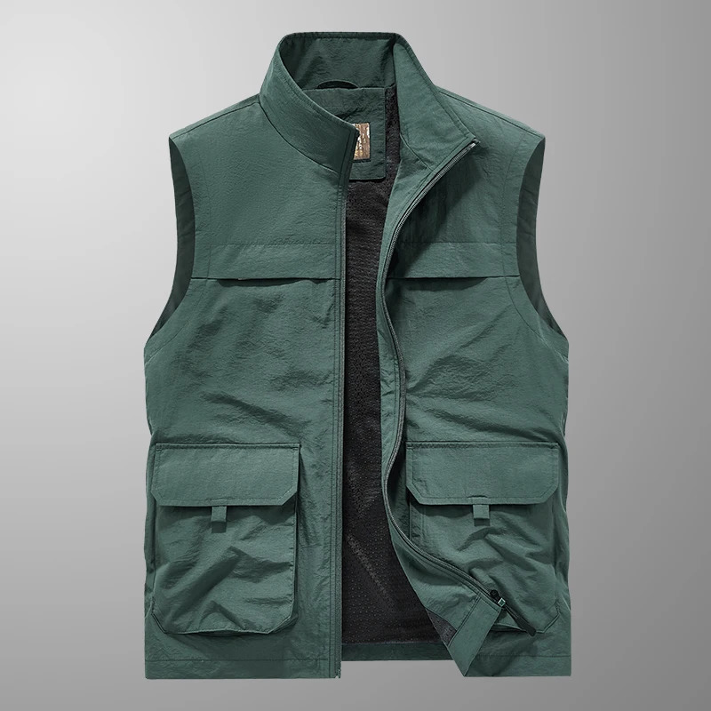 Mens Outdoor Multi-Pocket Open Cardigan Collared Vest Pure Color Simple Sleeveless Shoulder Pad Fishing Vest Top Sport Vest 250617