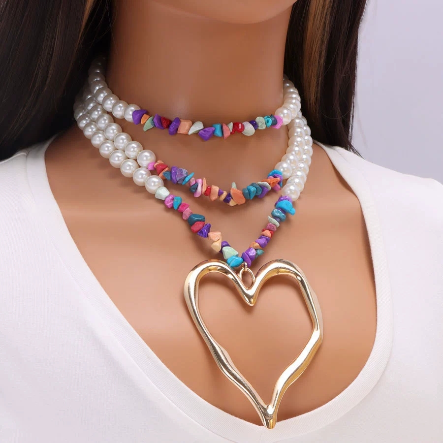 Pearl multi-layered large heart pendant, turquoise necklace, fashionable and exaggerated design sense, collarbone chain, spicy girl personality neckla