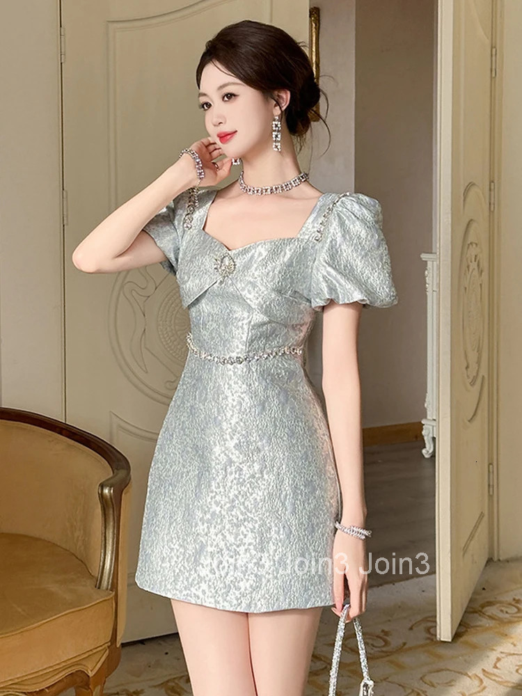 Fashion Elegant Luxury Jacquard Summer Evening Dress Women Clothes Sweet Sexy Square Collar Slim Mini Party Prom Vestidos Fiesta