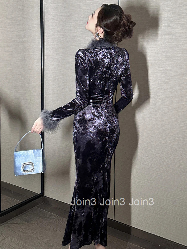 Women Clothes Retro Velvet Stand Neck Skinny Folds Midi Fishtail Dress Elegant Party Prom Vestidos Robe Autumn Winter Casual New