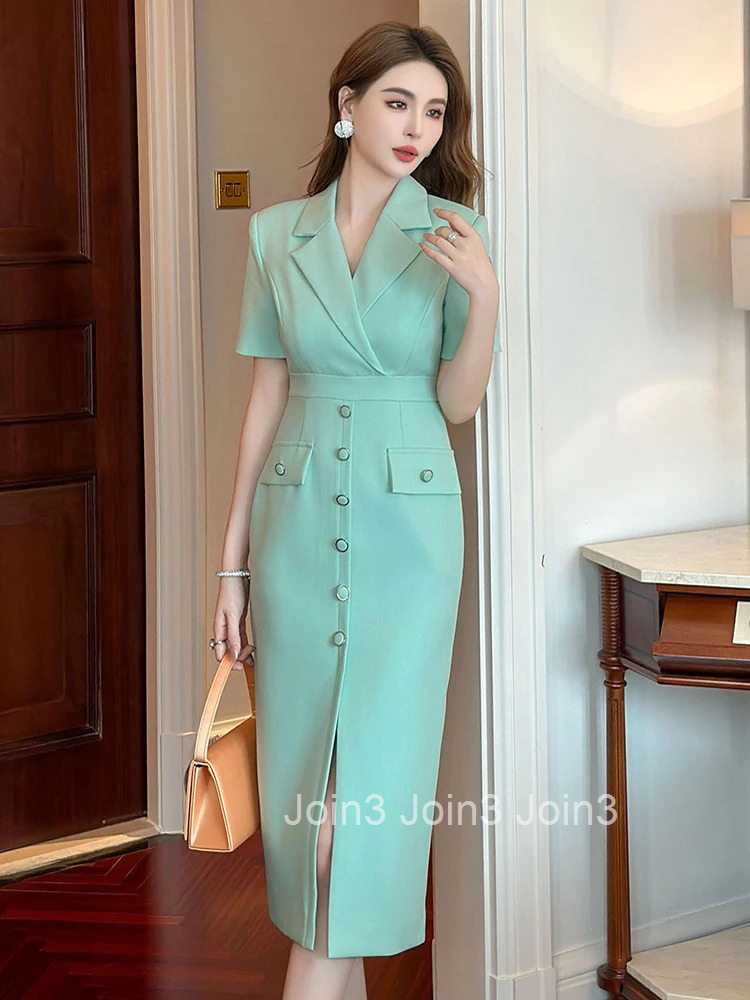 New Summer Green Business Formal Occasion Pencil Dress Women Clothes Elegant Office Classic Short Sleeve Slim Midi Party Vestido