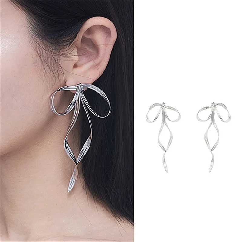New Korean Simple Silver Color Metal Line Bow Earrings 2024 Fashion Elegant Big Long Bowknot Drop Earrings Female Jewelry XJ250623