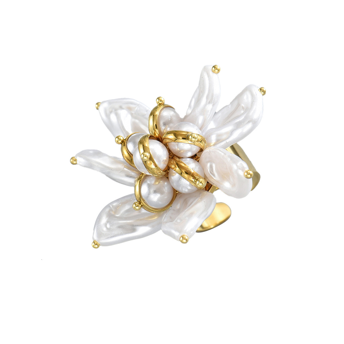 Wind Women's Open Flower Inlaid Irregular Pearl Design High-end Sense Index Finger Ring for Women