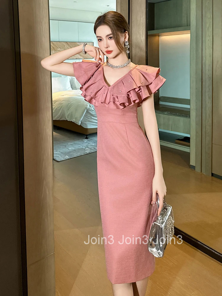 New Elegant Summer Fashion Pink Evening Dress Women Clothing Formal Occasion Sweet Ruffle V-Neck Slim Party Prom Vestidos Fiesta