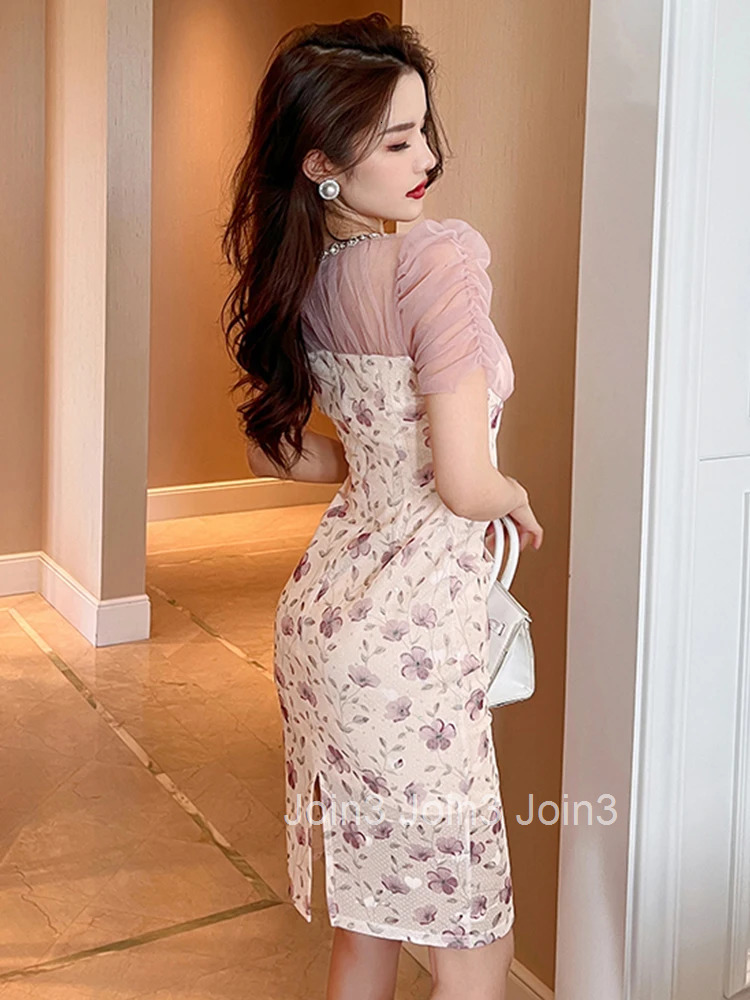 Korean Elegant Women Evening Dress High Quality Chic Temperament Sweet Mesh Sheer Sexy Slim Midi Party Prom Beach Mujer Vestidos