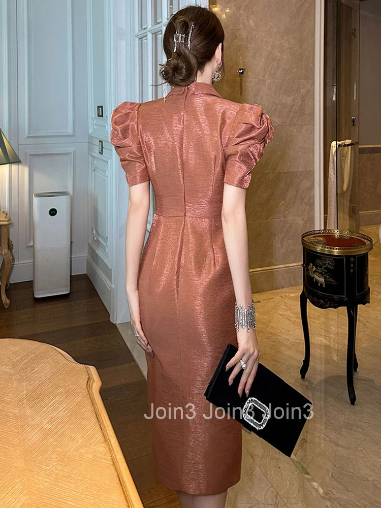 Summer Fashion Elegant Office Formal Occasion Pencil Dress Women Clothing Vintage Puff Sleeve Slim Slit Midi Party Prom Vestidos