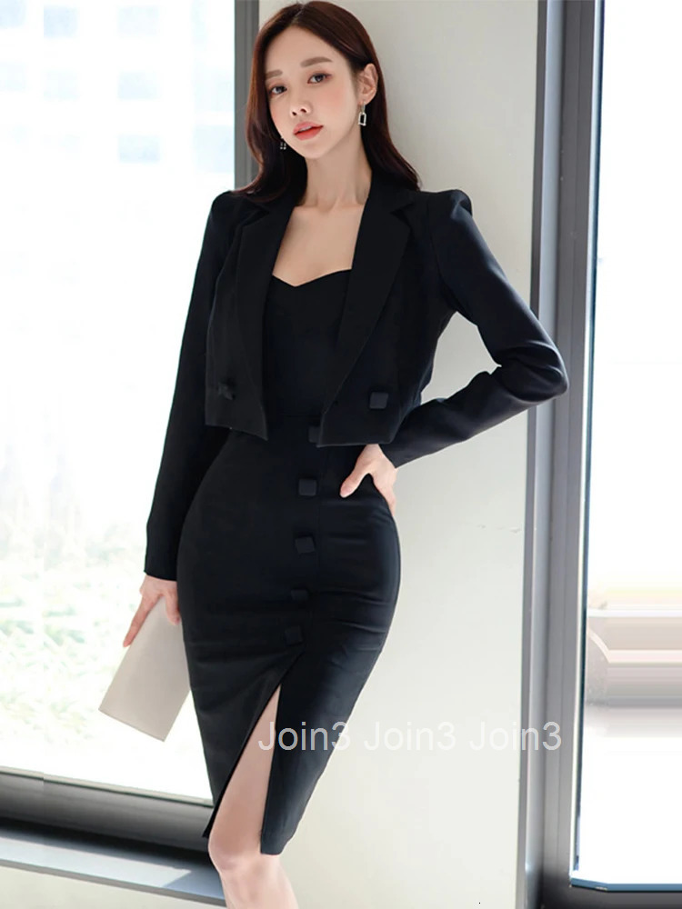 Black 2 Piece Outfit Office Women Temperament Notched Neck Button Short Tops Coat Suit Outwear Strap Sleeveless Slit Dress Suits