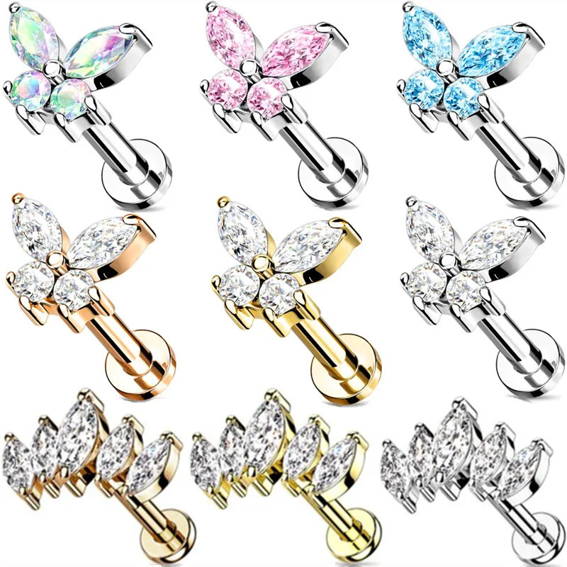 1PCS Butterfly Labret Piercing Lip Stud Cluster Crystal Tragus Earring Flat Cartilage Earrings Zircon Jewelry 250613