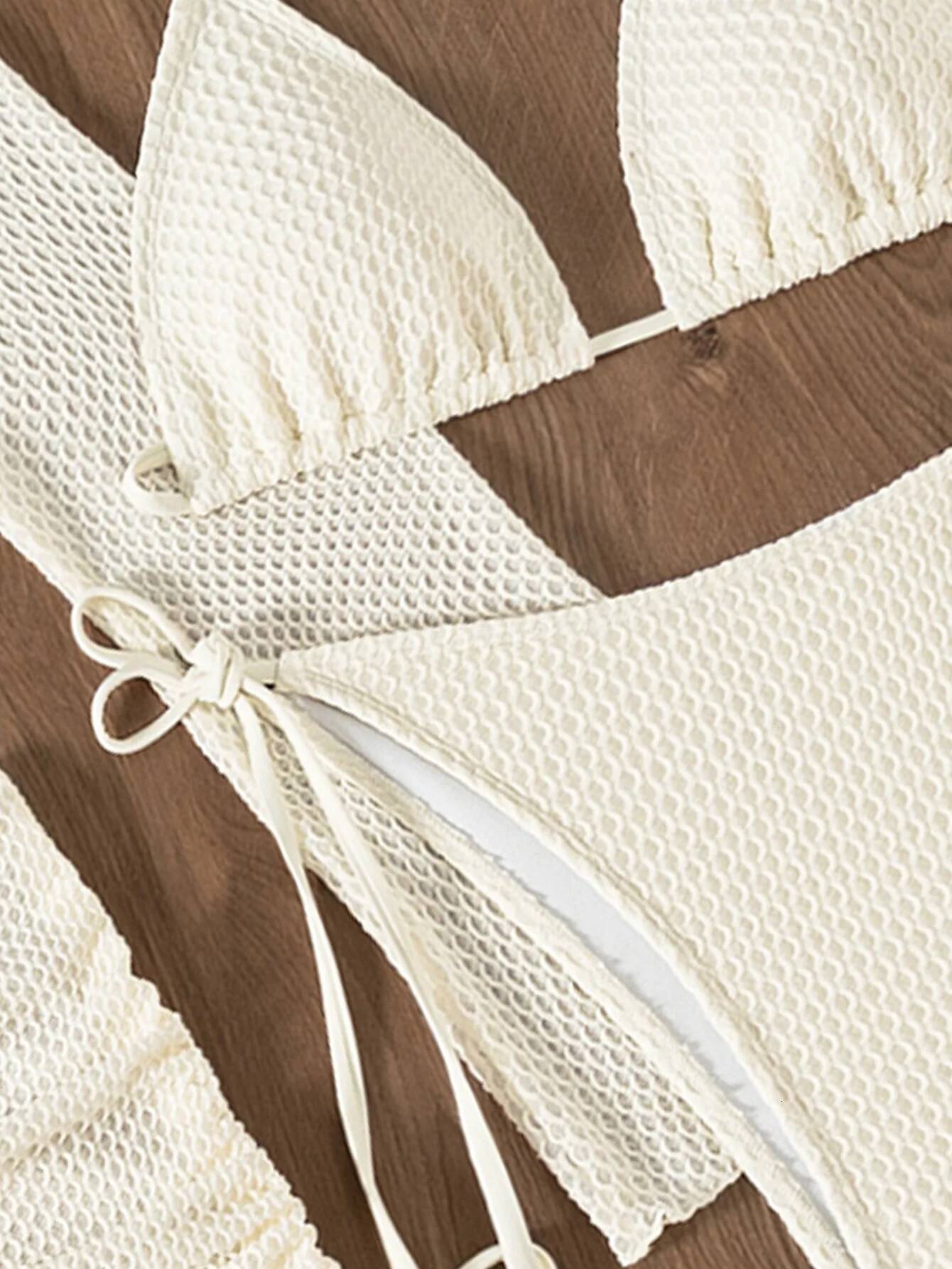 Sexy Mesh White 4 Piece Bikini Set 2025 Women Long Sleeve Cover Up With Skirt Swimsuit Beach Bathing Suit Holiday Thong Swimwear