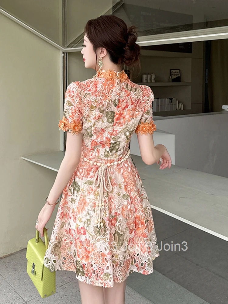 Elegant Floral Embroidery Summer Fashion Vacation Short Dress Women Clothes Short Sleeve Slim A-Line Party Prom Vestidos Fiesta