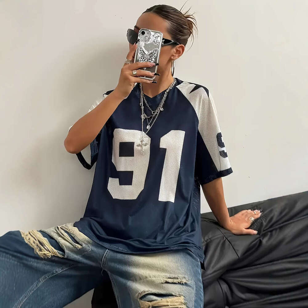 Cross-Border Design Sense Sports Style Digital Print Color-Block Mesh Short Sleeve T-Shirt Loose Top
