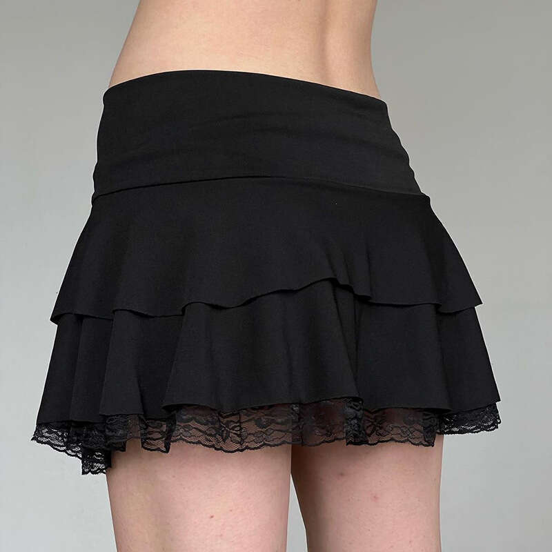Ins Dark Fashion Bow Lace Patchwork Solid Color Slimming Multi-Layer Pleated Cake Skirt Short B5