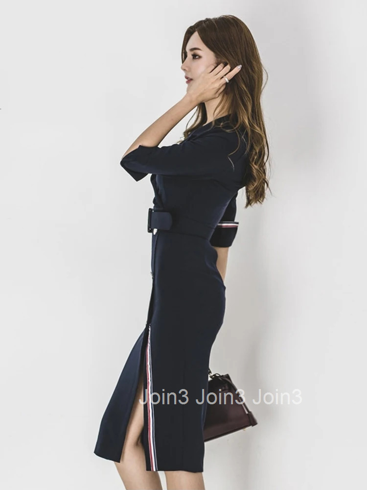 Korean Elegant Women Dress Temperament Formal Vintage Notched Neck Belt Slim Slit Mini Party Club Commute Femme Mujer Vestidos