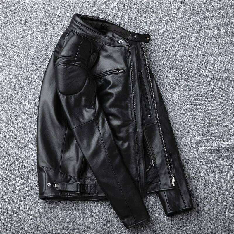 Men's Natural Leather Motorcycle Stand Collar Cropped Autumn Jacket Men Black Calfskin Biker Clothing Removable Lining