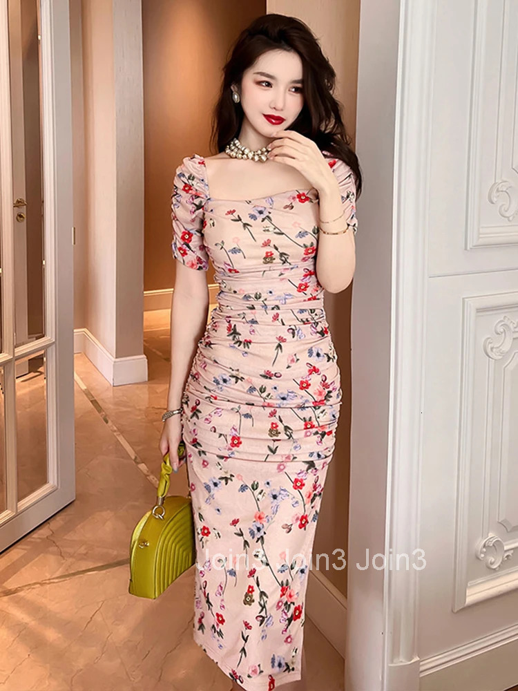 Korean Women Evening Dress Cotton Vintage Sweet Square Collar Folds Bodycon Midi Party Beach Stretchy Robe Femme Mujer Vestidos
