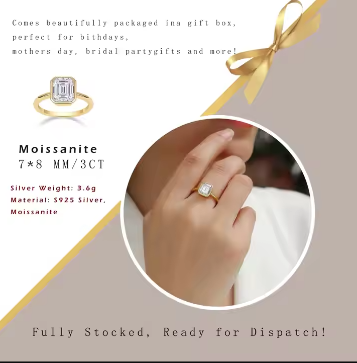 3ct Emerald Cut Moissanite Engagement Ring D Color VVS1 18K Gold Plated Band Modern Minimalist Bezel Set Design