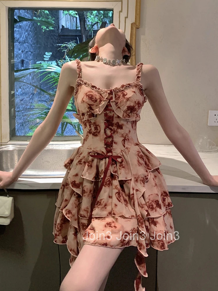 Women Clothes Sweet Floral Sexy Strap Backless Slim Ruffle Mini Short A-Line Dress Fashion Party Prom Vestidos Beach Summer New