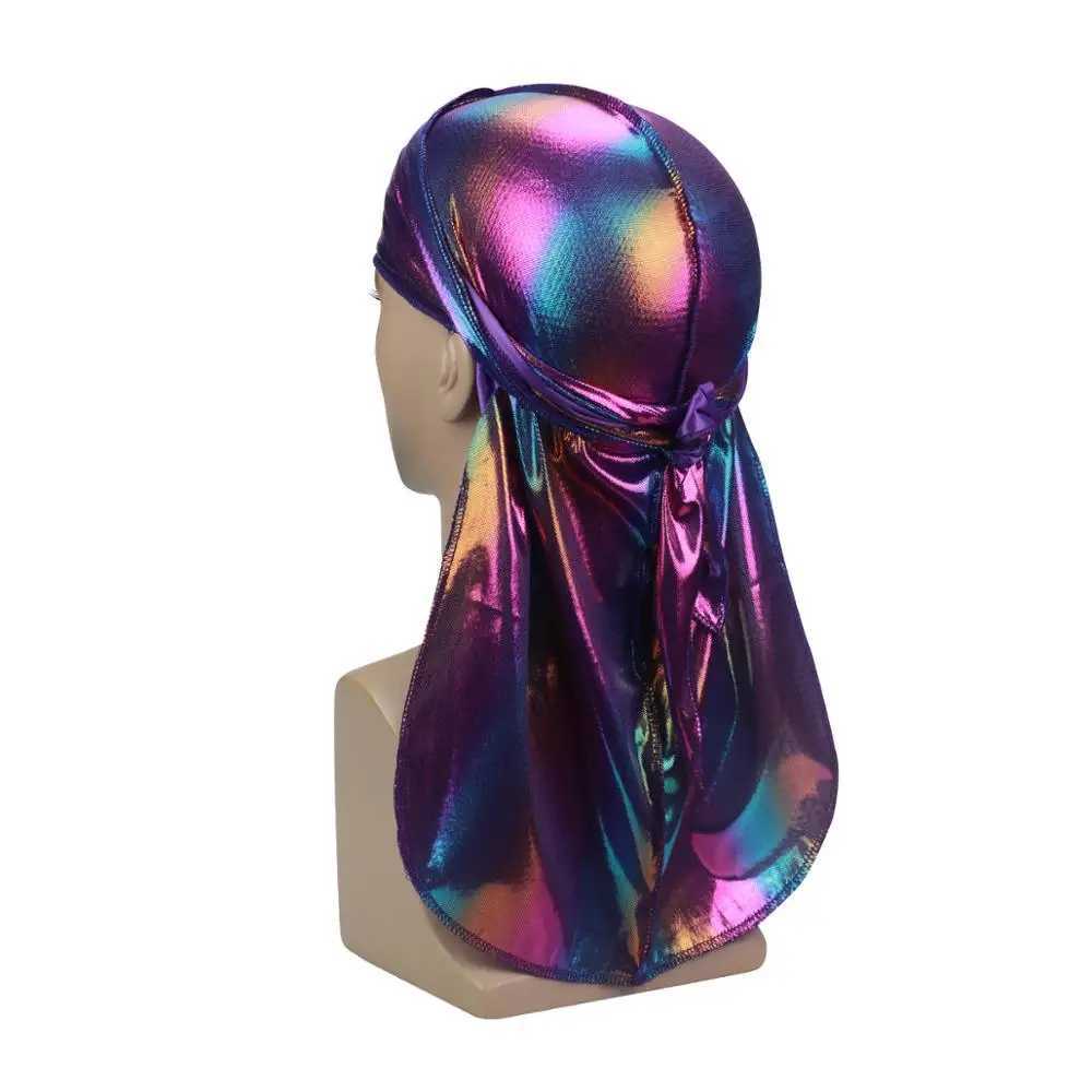 Fashion Men Colorful Durag Wave Caps Mens Sparkly Silky Durags Turban Hat Hip-hop Bandana Headwrap Long Tail Pirate Hats M250623
