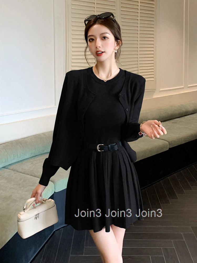 Women Clothes Sweater Casual Knitted Stretchy 2 Pieces Outfits Single Breasted Tops And Sleeveless Pleated Mini Dress Short Set